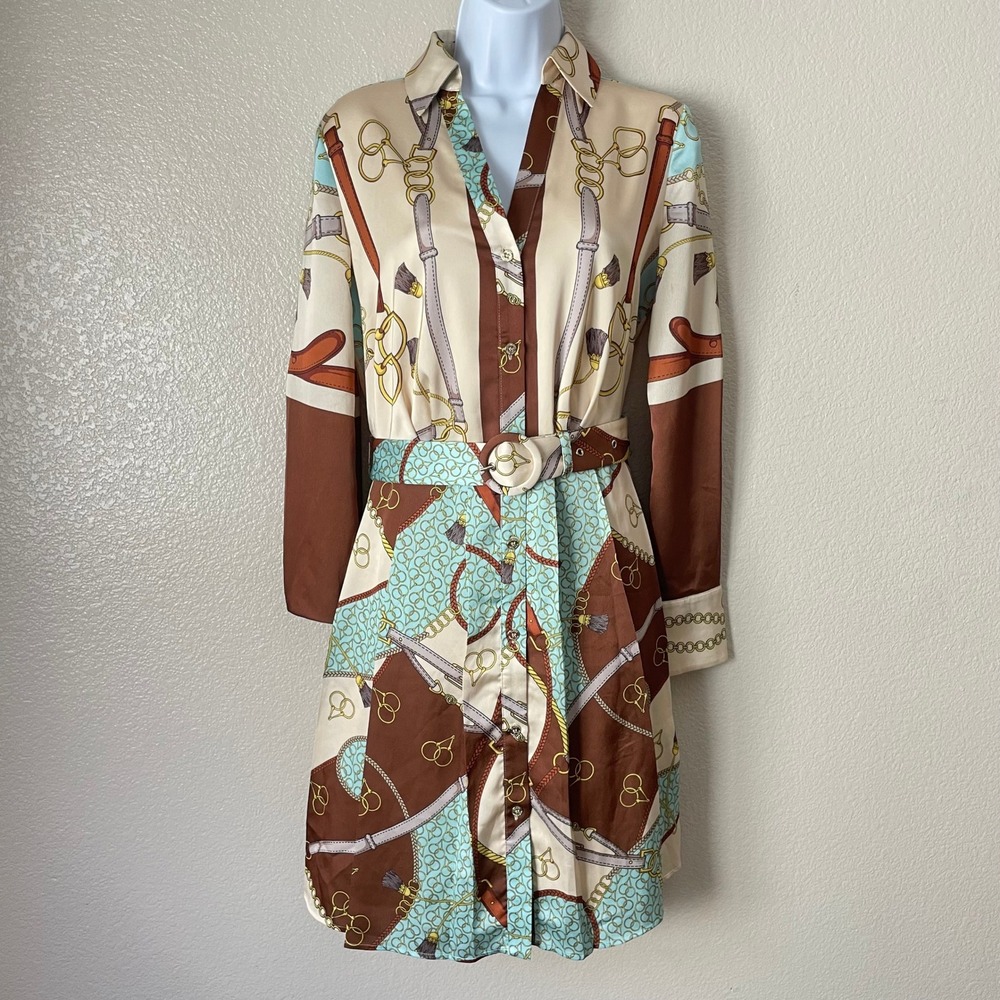 Marciano by Guess Dress US 2 Brown Teal Equestrian Scarf Print Belted Western - Picture 3 of 12